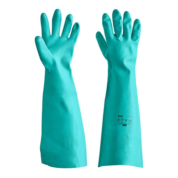 A pair of green unlined nitrile gloves.
