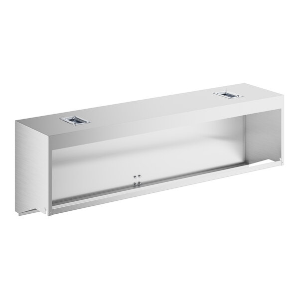 A white rectangular object with a clear lid containing a Regency stainless steel cover for a speed rail.