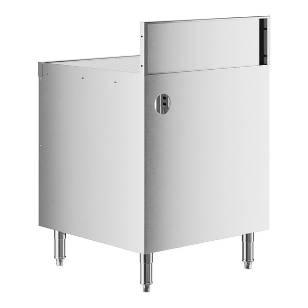 A stainless steel rectangular cabinet with a perforated top and black handles.