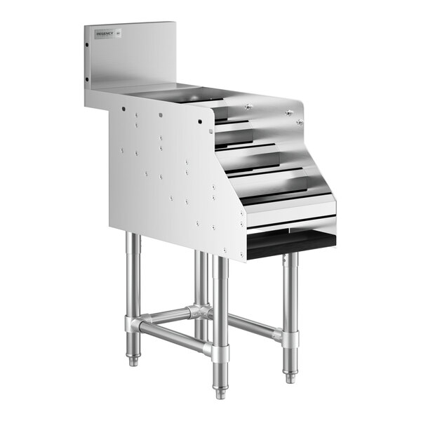 A Regency stainless steel five-tiered liquor display rack on a counter.