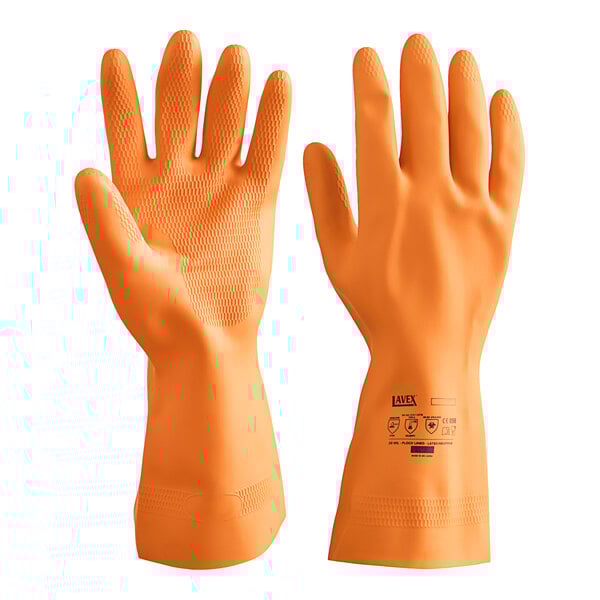 A close-up of a pair of orange neoprene and latex gloves with rubber palms.