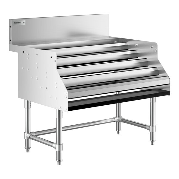 A Regency stainless steel underbar liquor display rack.
