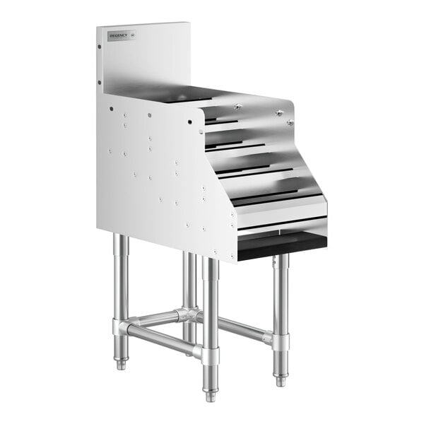 A Regency stainless steel five-tiered liquor display rack on a counter.