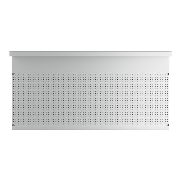 A white rectangular stainless steel shelf with holes in it.
