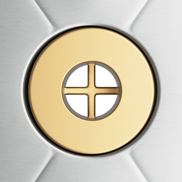 A circular gold object with a cross in the center.