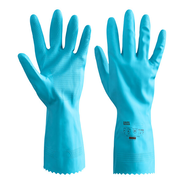 A pair of blue rubber gloves with a rubber wrist.