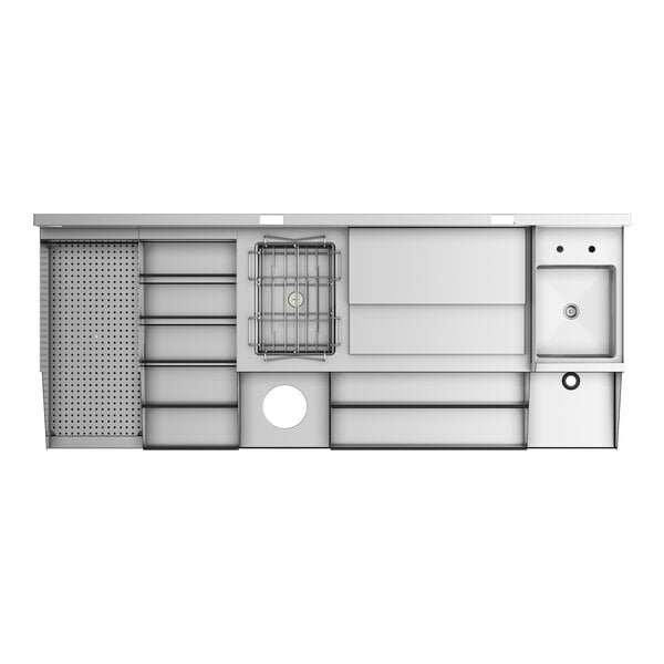 A stainless steel Regency combination cocktail station with a drainboard and a liquor display rack.