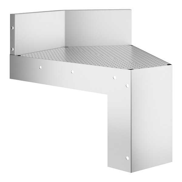A stainless steel Regency corner shelf with holes.