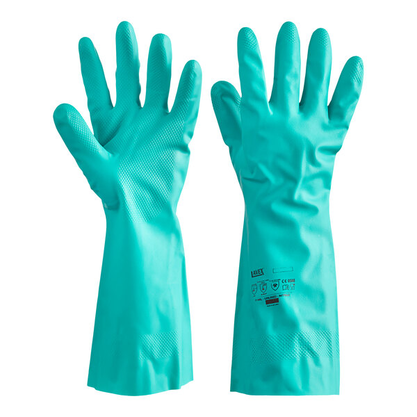 A pair of green unlined Nitrile gloves.