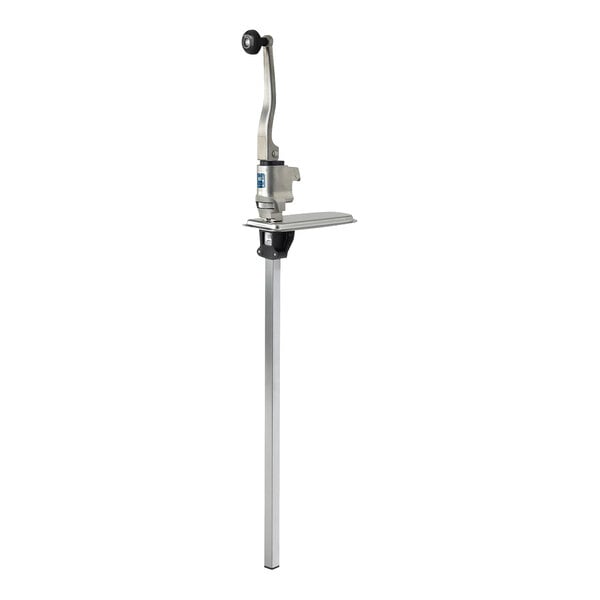 A heavy-duty can opener with a long metal bar and a hand crank handle.