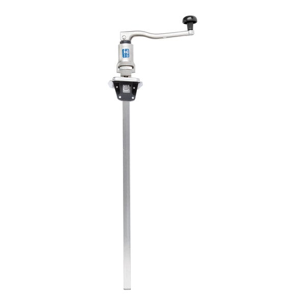 A heavy-duty manual can opener with a long 25-inch bar and a crank handle, designed for commercial use.