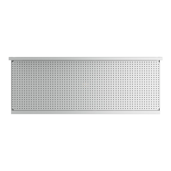 A white rectangular stainless steel shelf with holes.