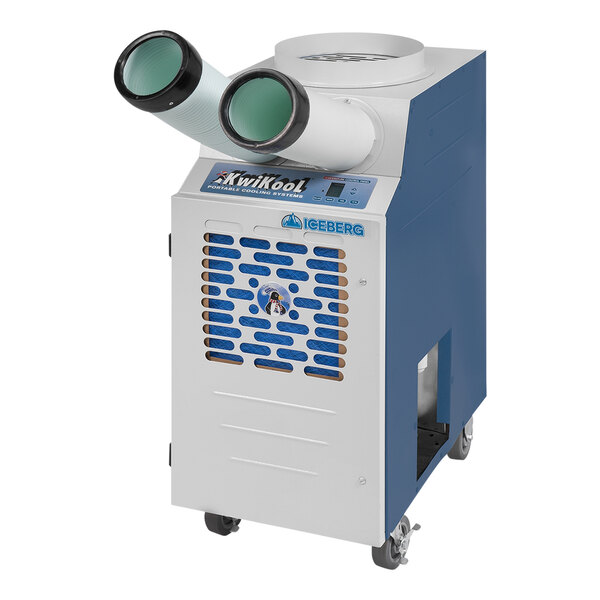 A Kwikool portable air conditioner with two blue lights.