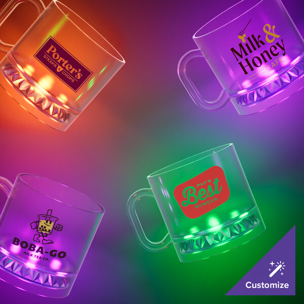 A group of customizable plastic mugs with purple LED lights.