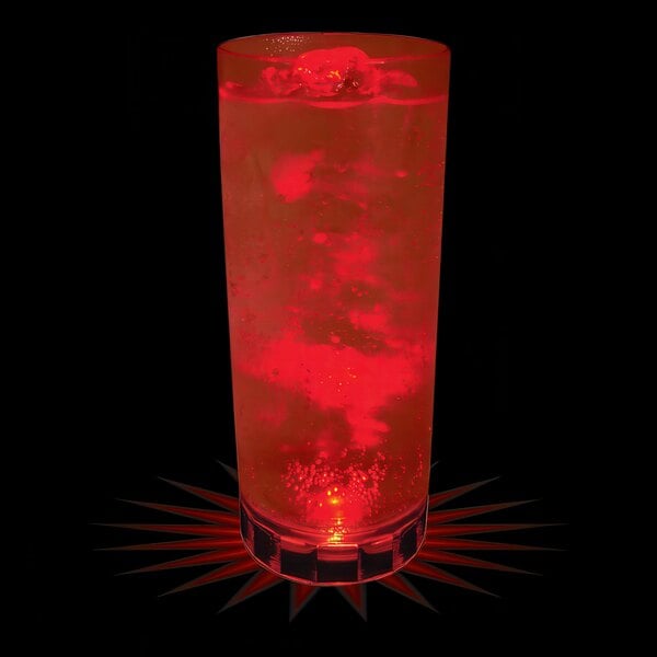 A customizable plastic cup with a red LED light inside filled with red liquid.