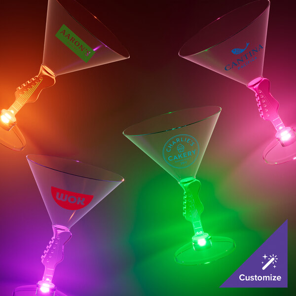 Three 10 oz. martini glasses with green LED lights on the stems.