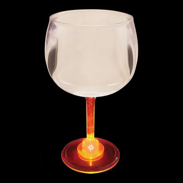 A customizable plastic goblet with a red and yellow base and an orange LED light.