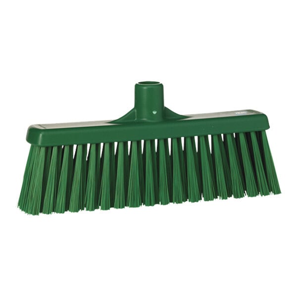 A green Vikan straight lobby broom head with long bristles.