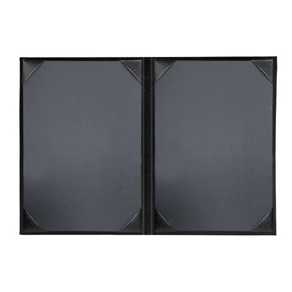 Two black rectangular H. Risch, Inc. leather menu covers with black picture corners.