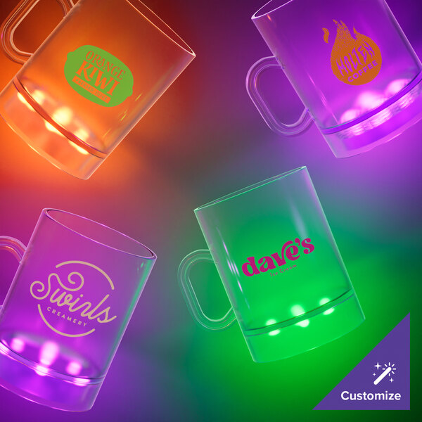 A close up of a customizable plastic mug with an orange LED light.