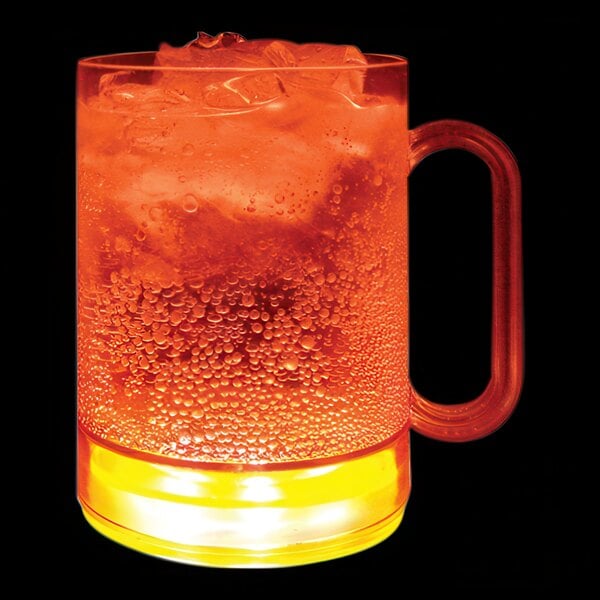 A customizable plastic mug with orange LED light filled with yellow liquid and ice.