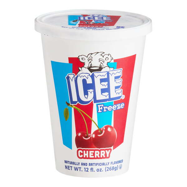 An ICEE cherry freeze in a white cup with a blue lid and red and white striped design.