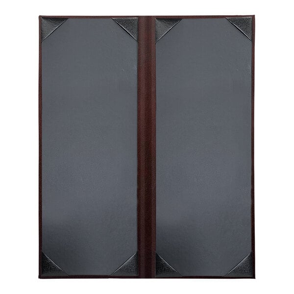 A black menu cover with a brown border and picture corners.