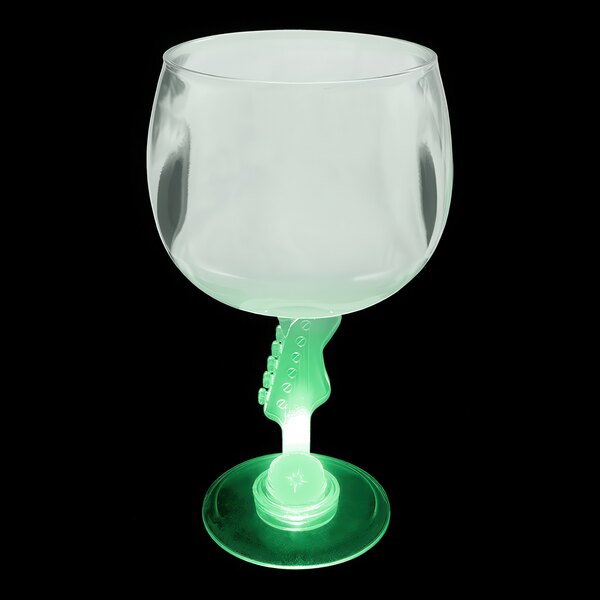 A close-up of a 12 oz. plastic guitar goblet with a green LED light.