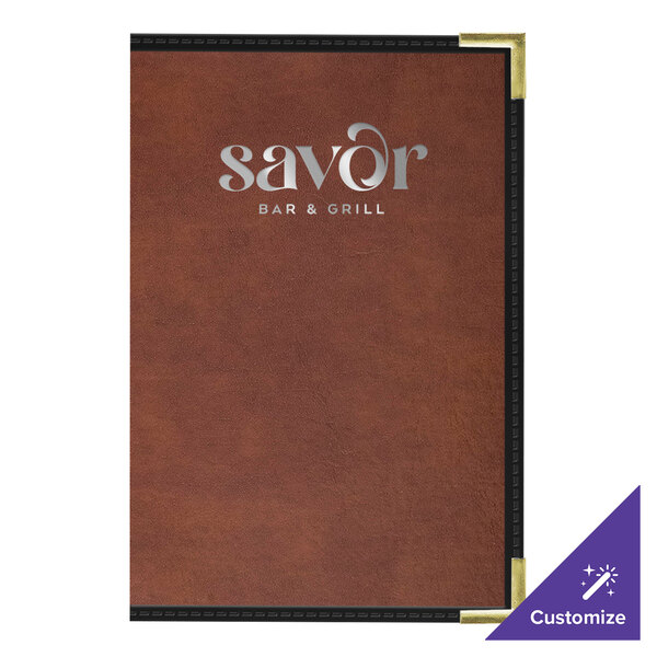 A brown leather H. Risch menu cover with silver text on the front.