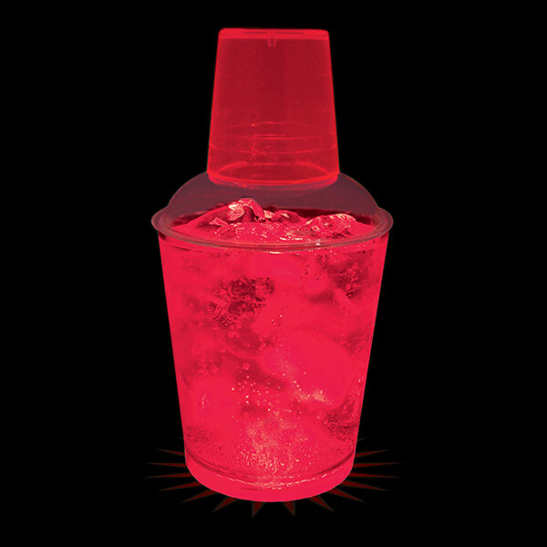 A customizable plastic shaker with a red LED light filled with a red drink and ice.