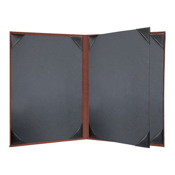 A black rectangular object with a brown leather cover.