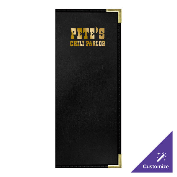 A black rectangular menu cover with white text on the front.