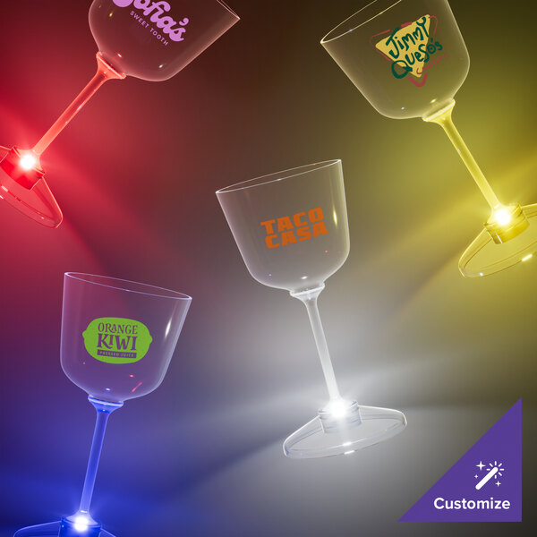 A group of 7 oz. plastic wine glasses with blue LED lights on them.