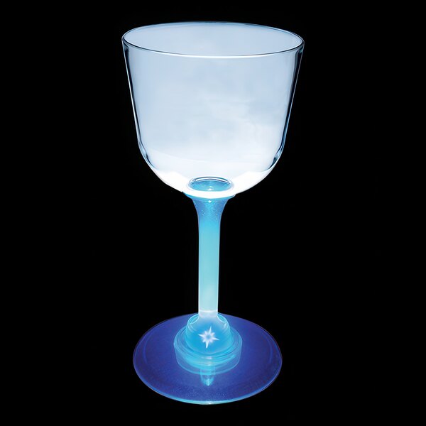 A clear plastic wine cup with a blue LED light on the base.