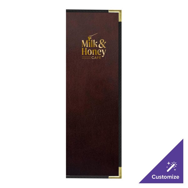 A brown leather H. Risch, Inc. menu cover on a table in a bar.