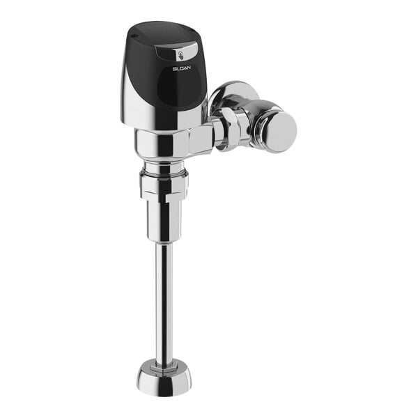 A chrome Sloan urinal flush valve with a black sensor.