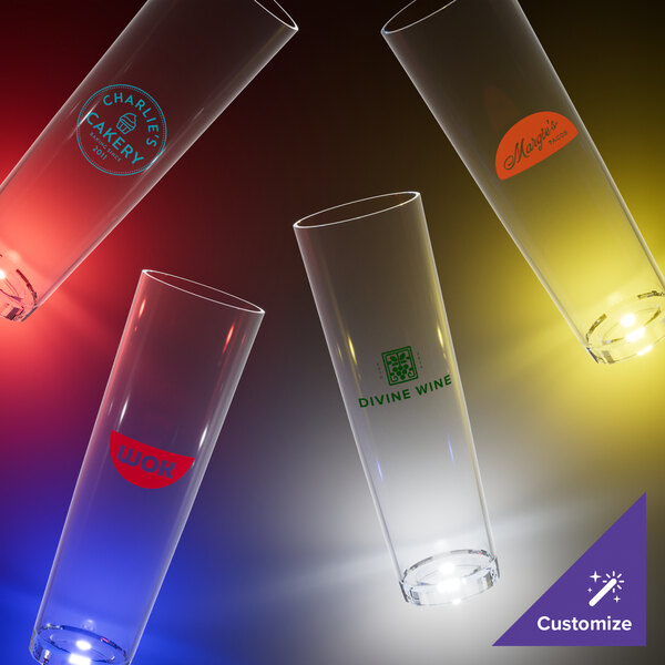 A group of customizable plastic cups with blue LED lights.