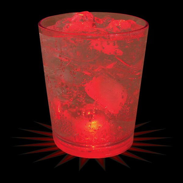 A customizable plastic rocks cup with ice and a red LED light inside.