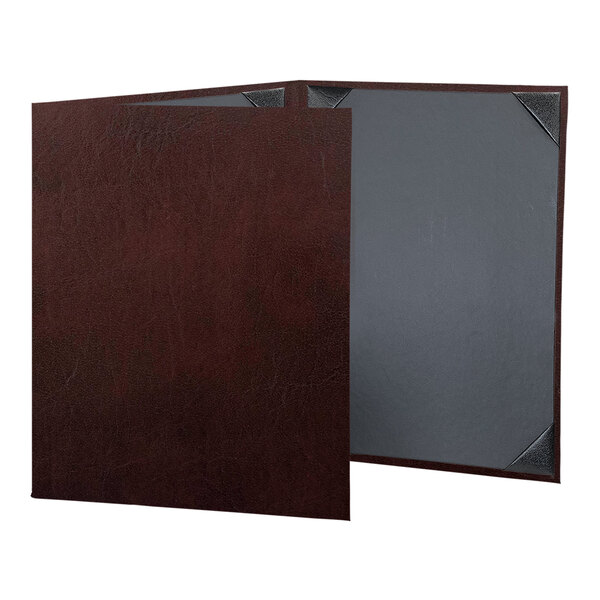 A brown leather menu cover with picture corners.