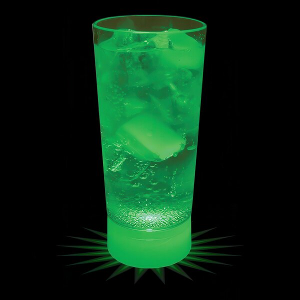 A 10 oz green plastic cup with ice and a green drink with a green LED light in it.