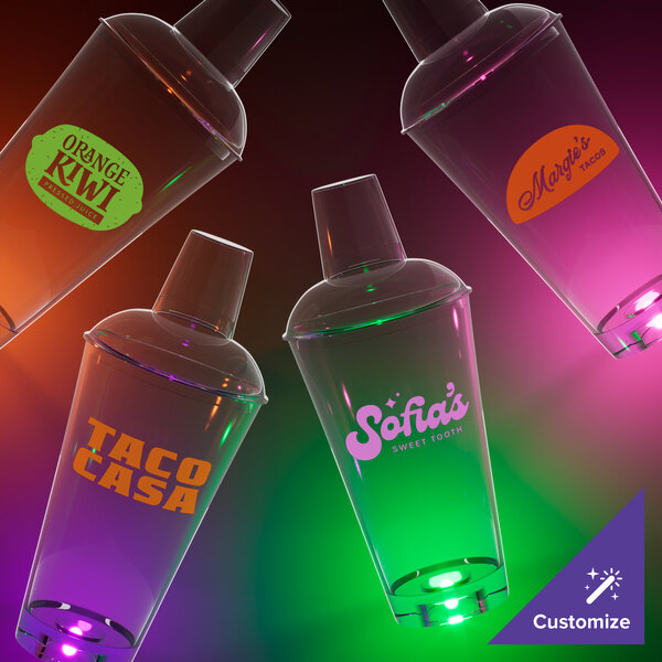 A customizable plastic shaker with a green LED light on a table.