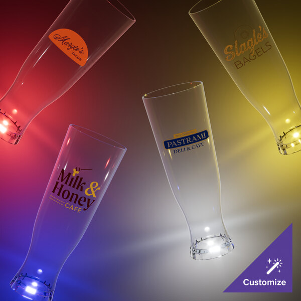 A close-up of a 22 oz. plastic pilsner cup with a blue LED light.