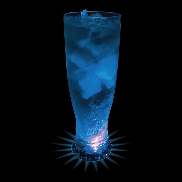 A close-up of a 22 oz. customizable plastic Pilsner cup with a blue LED light in it.