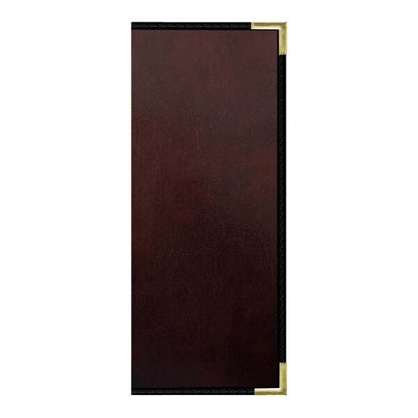 A brown leather H. Risch, Inc. wine menu cover with interior pockets.