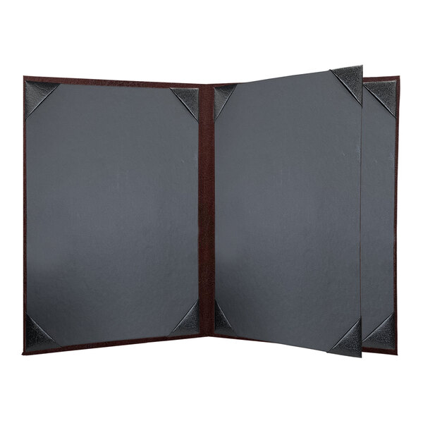 A brown leather H. Risch, Inc. menu cover open to two pages.