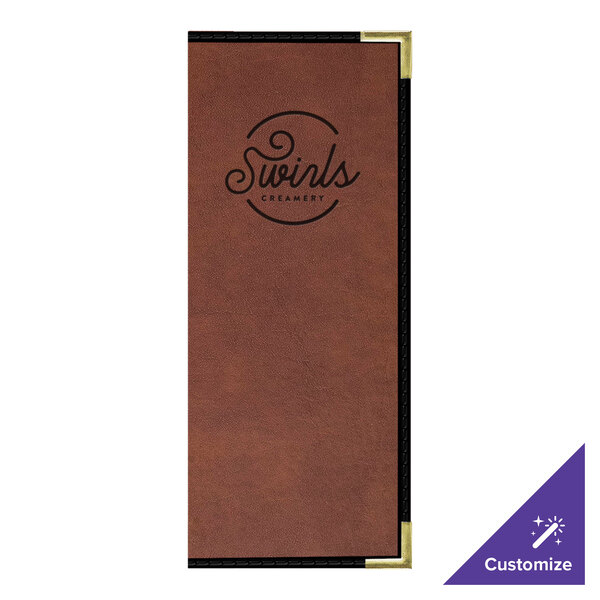 A brown rectangular H. Risch, Inc. leather menu cover with black corners and text.