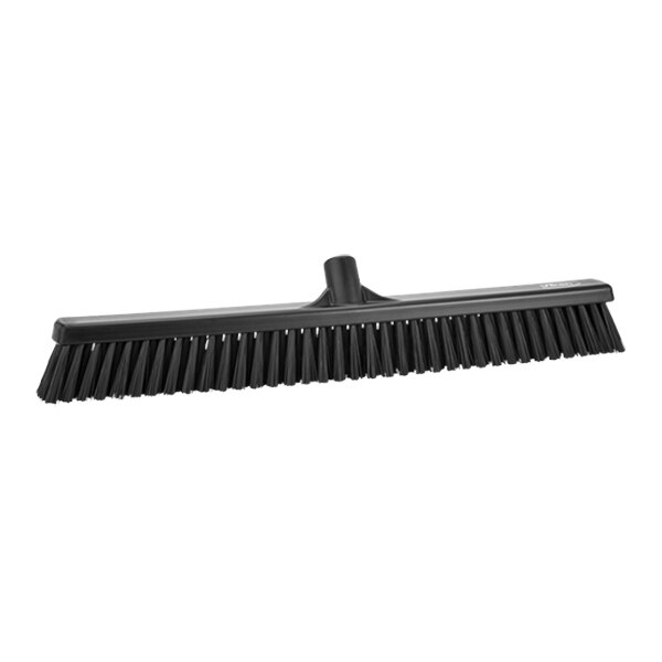 A black Vikan push broom head with long bristles.