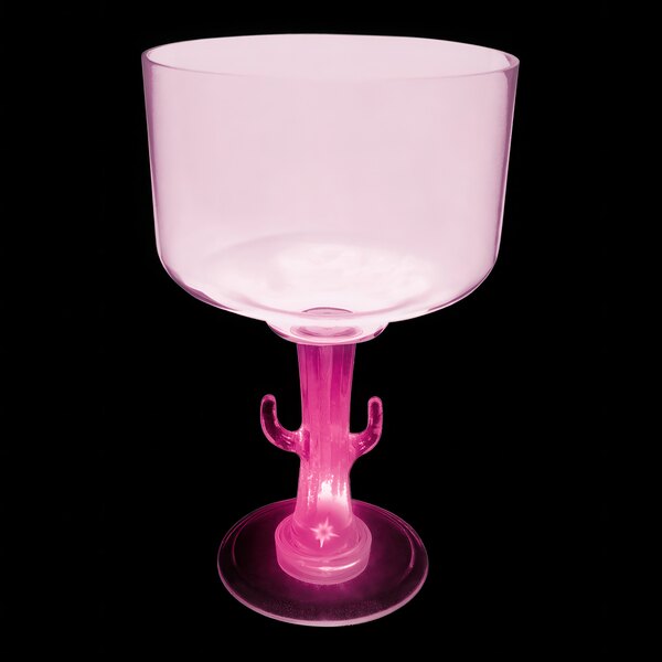 A clear plastic cactus stem margarita cup with a pink LED light inside.