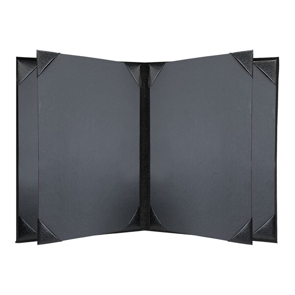 A black rectangular menu cover with black corners and a black border.