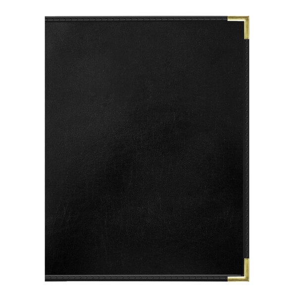 A black leather menu cover with gold corners.